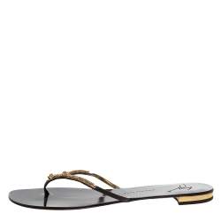 Pre Owned Giuseppe Zanotti Brown Leather Crystal Embellished Thong Flat Sandals Size 41.5
