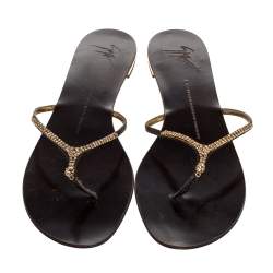 Pre Owned Giuseppe Zanotti Brown Leather Crystal Embellished Thong Flat Sandals Size 41.5
