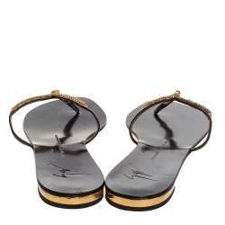 Pre Owned Giuseppe Zanotti Brown Leather Crystal Embellished Thong Flat Sandals Size 41.5