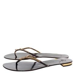 Pre Owned Giuseppe Zanotti Brown Leather Crystal Embellished Thong Flat Sandals Size 41.5