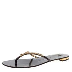 Pre Owned Giuseppe Zanotti Brown Leather Crystal Embellished Thong Flat Sandals Size 41.5