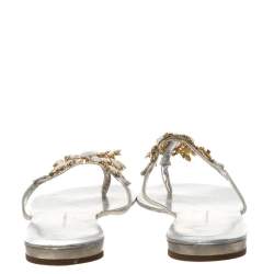 Pre Owned Giuseppe Zanotti Silver Leather Crystal Embellished Thong Flats Size 41