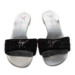 Pre Owned Giuseppe Zanotti Black Sequins Flat Slides Size 39