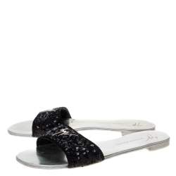 Pre Owned Giuseppe Zanotti Black Sequins Flat Slides Size 39