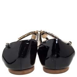 Pre Owned Giuseppe Zanotti Black Patent Crystal And Zip Embellished Thong Flat Ankle Strap Sandals Size 41