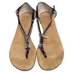 Pre Owned Giuseppe Zanotti Black Patent Crystal And Zip Embellished Thong Flat Ankle Strap Sandals Size 41