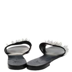 Pre Owned Giuseppe Zanotti Black Suede Leather Pearl Embellished Flat Slides Size 39