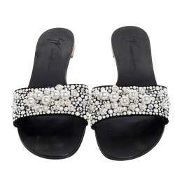 Pre Owned Giuseppe Zanotti Black Suede Leather Pearl Embellished Flat Slides Size 39