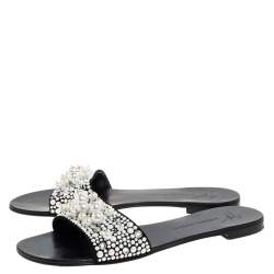 Pre Owned Giuseppe Zanotti Black Suede Leather Pearl Embellished Flat Slides Size 39