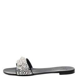 Pre Owned Giuseppe Zanotti Black Suede Leather Pearl Embellished Flat Slides Size 39