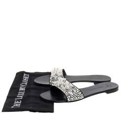 Pre Owned Giuseppe Zanotti Black Suede Leather Pearl Embellished Flat Slides Size 39