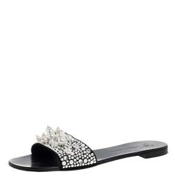 Pre Owned Giuseppe Zanotti Black Suede Leather Pearl Embellished Flat Slides Size 39