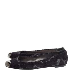 Pre Owned Giuseppe Zanotti Black/Silver Embossed Velvet And Fabric Metal Cap Toe Ballet Flat Size 39