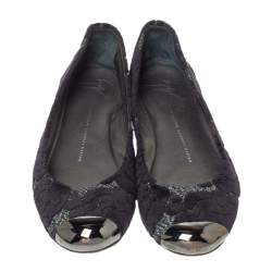 Pre Owned Giuseppe Zanotti Black/Silver Embossed Velvet And Fabric Metal Cap Toe Ballet Flat Size 39