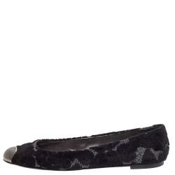 Pre Owned Giuseppe Zanotti Black/Silver Embossed Velvet And Fabric Metal Cap Toe Ballet Flat Size 39