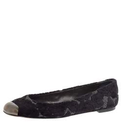 Pre Owned Giuseppe Zanotti Black/Silver Embossed Velvet And Fabric Metal Cap Toe Ballet Flat Size 39