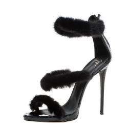 Pre Owned Giuseppe Zanotti Black Leather and Fur Triple Strap Sandals Size 39