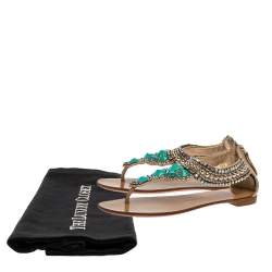 Pre Owned Giuseppe Zanotti Beige Leather Crystal Embellished Thong Flats Size 38.5