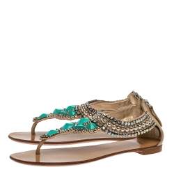 Pre Owned Giuseppe Zanotti Beige Leather Crystal Embellished Thong Flats Size 38.5