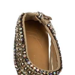 Pre Owned Giuseppe Zanotti Beige Leather Crystal Embellished Thong Flats Size 38.5
