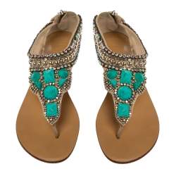 Pre Owned Giuseppe Zanotti Beige Leather Crystal Embellished Thong Flats Size 38.5