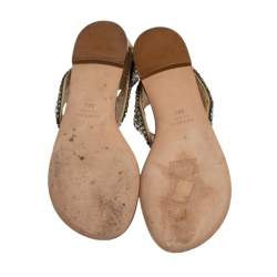 Pre Owned Giuseppe Zanotti Beige Leather Crystal Embellished Thong Flats Size 38.5