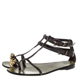 Pre Owned Giuseppe Zanotti Green Leather Lion Embellished Ankle Strap Flats Size 36