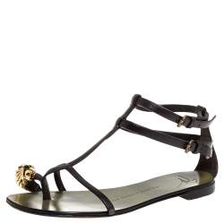 Pre Owned Giuseppe Zanotti Green Leather Lion Embellished Ankle Strap Flats Size 36