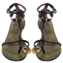 Pre Owned Giuseppe Zanotti Green Leather Lion Embellished Ankle Strap Flats Size 36
