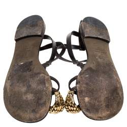 Pre Owned Giuseppe Zanotti Green Leather Lion Embellished Ankle Strap Flats Size 36