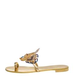 Pre Owned Giuseppe Zanotti Gold Fish Embellished Toe Ring Flats Size 37