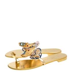 Pre Owned Giuseppe Zanotti Gold Fish Embellished Toe Ring Flats Size 37