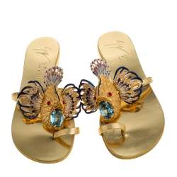 Pre Owned Giuseppe Zanotti Gold Fish Embellished Toe Ring Flats Size 37