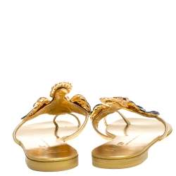 Pre Owned Giuseppe Zanotti Gold Fish Embellished Toe Ring Flats Size 37