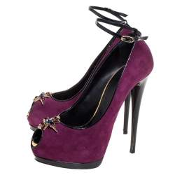Giuseppe Zanotti Purple Suede Crystal Embellished Pep Toe Ankle Strap Pumps Size 40