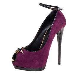 Giuseppe Zanotti Purple Suede Crystal Embellished Pep Toe Ankle Strap Pumps Size 40