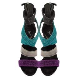 Pre Owned Giuseppe Zanotti Multicolor Glitter Fabric And Leather Strappy Ankle Cuff Sandals Size 38.5