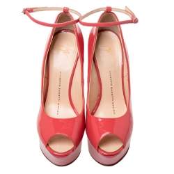 Pre Owned Giuseppe Zanotti Pink/Orange Patent Leather Ankle Strap Platform Wedge Pumps Size 36