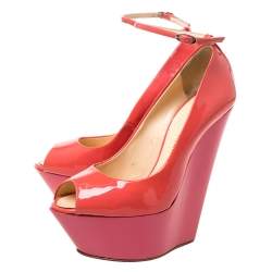 Pre Owned Giuseppe Zanotti Pink/Orange Patent Leather Ankle Strap Platform Wedge Pumps Size 36