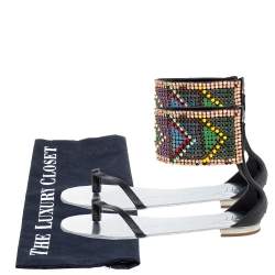 Pre Owned Giuseppe Zanotti Multicolor Beads and Leather Ankle Wrap Flat  Sandals Size 39