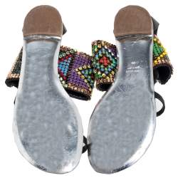 Pre Owned Giuseppe Zanotti Multicolor Beads and Leather Ankle Wrap Flat  Sandals Size 39