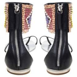 Pre Owned Giuseppe Zanotti Multicolor Beads and Leather Ankle Wrap Flat  Sandals Size 39