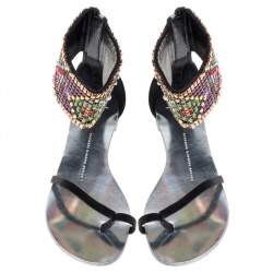 Pre Owned Giuseppe Zanotti Multicolor Beads and Leather Ankle Wrap Flat  Sandals Size 39