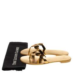Pre Owned Giuseppe Zanotti Gold Foil Leather Thong Embellished Flats Size 38