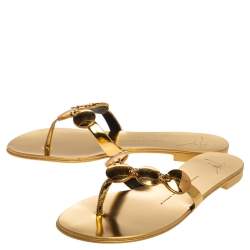 Pre Owned Giuseppe Zanotti Gold Foil Leather Thong Embellished Flats Size 38