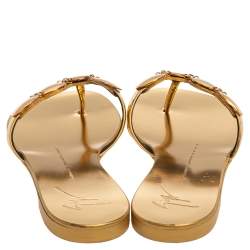 Pre Owned Giuseppe Zanotti Gold Foil Leather Thong Embellished Flats Size 38