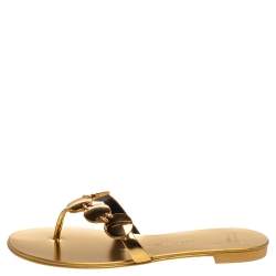 Pre Owned Giuseppe Zanotti Gold Foil Leather Thong Embellished Flats Size 38