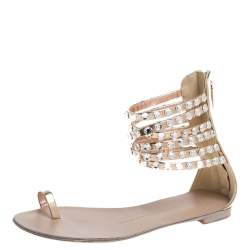 Pre Owned Giuseppe Zanotti Metallic Gold Leather Crystal Embellished Ankle Strap Flat Sandals Size 36