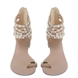Pre Owned Giuseppe Zanotti Metallic Gold Leather Crystal Embellished Ankle Strap Flat Sandals Size 36