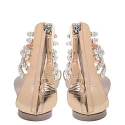 Pre Owned Giuseppe Zanotti Metallic Gold Leather Crystal Embellished Ankle Strap Flat Sandals Size 36